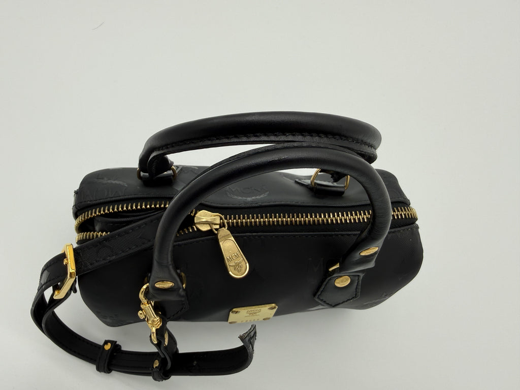 MCM Visetos Logogram 2-Way Hand Bag – Black PVC Leather with Gold Hardware (SKU: gh828)