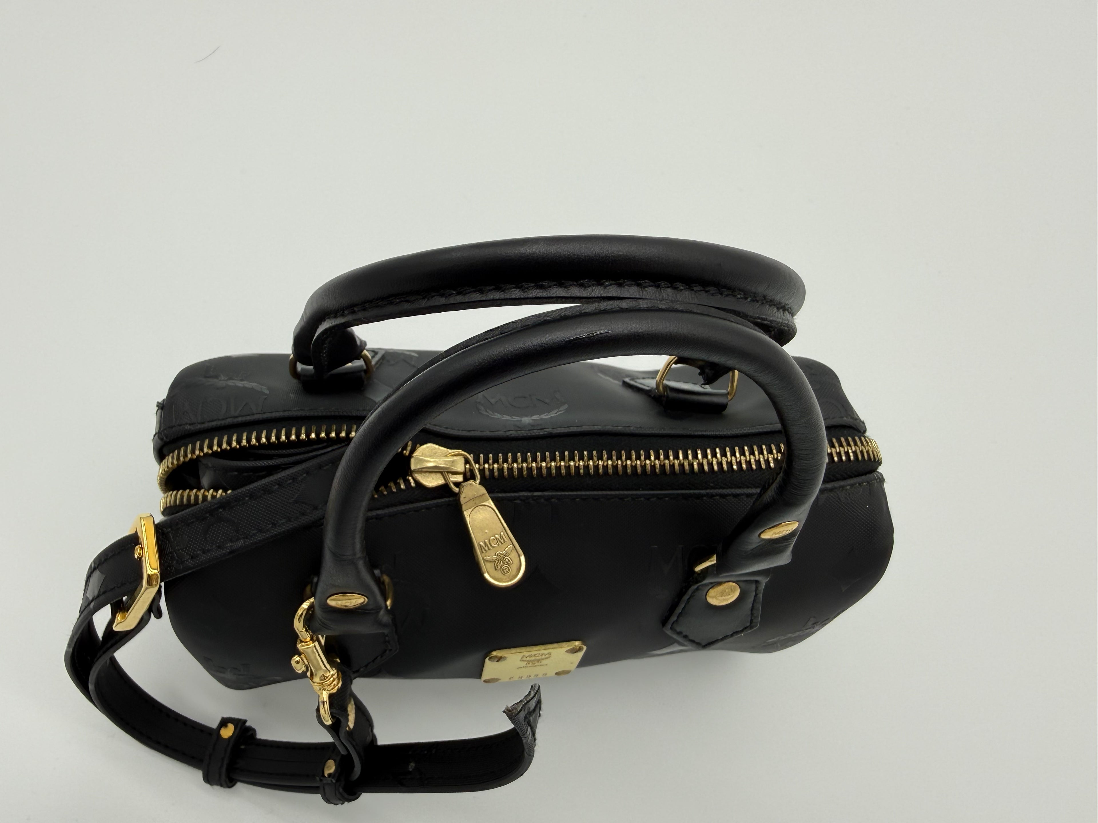 MCM Visetos Logogram 2-Way Hand Bag – Black PVC Leather with Gold Hardware (SKU: gh828)