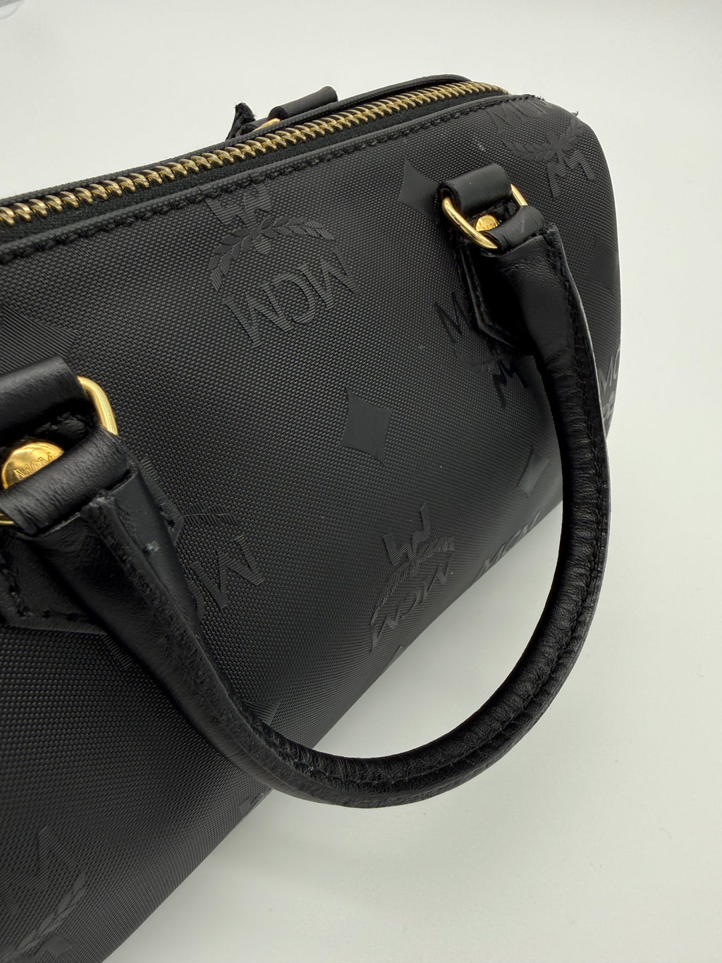 MCM Visetos Logogram 2-Way Hand Bag – Black PVC Leather with Gold Hardware (SKU: gh828)