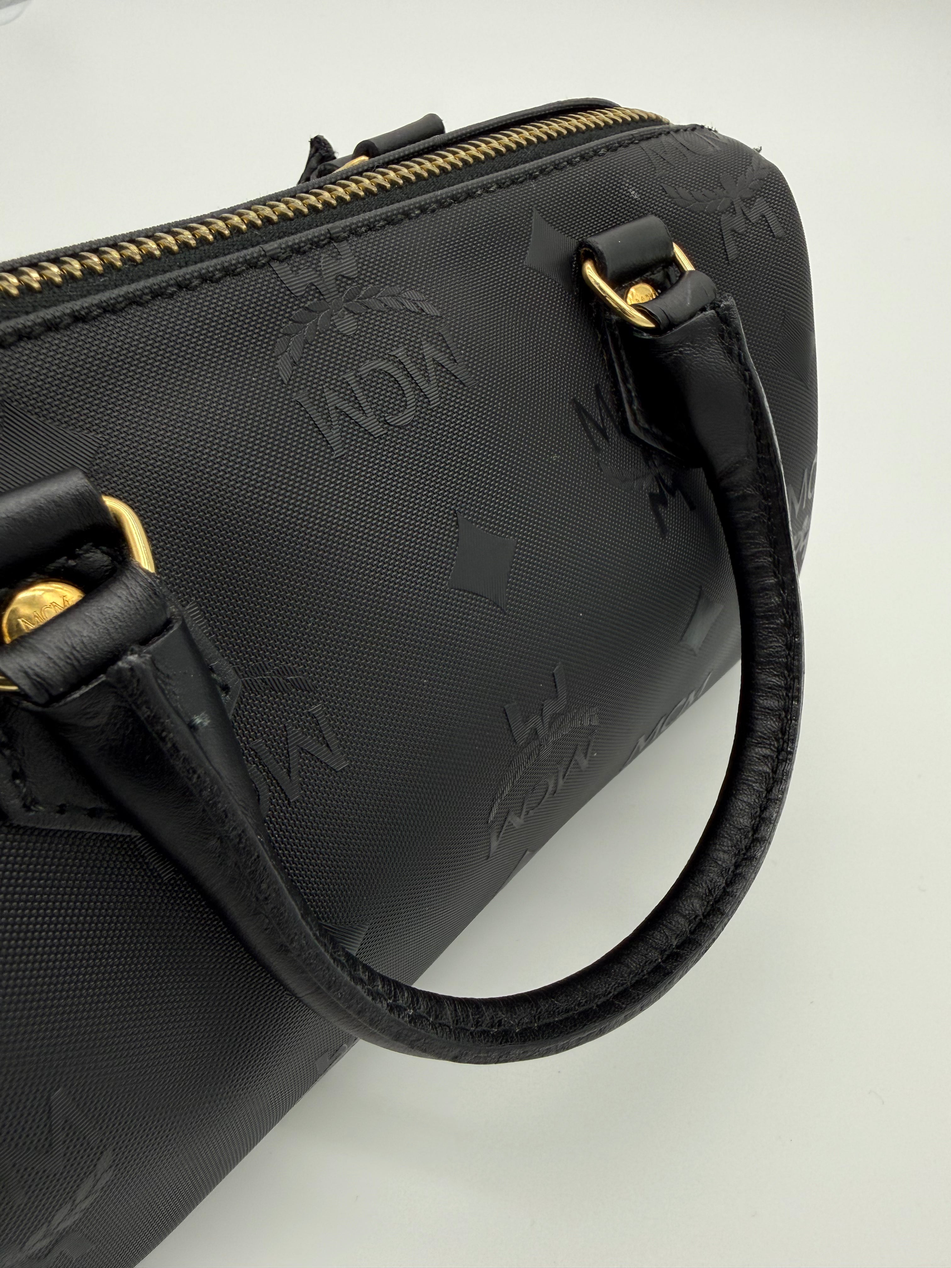 MCM Visetos Logogram 2-Way Hand Bag – Black PVC Leather with Gold Hardware (SKU: gh828)