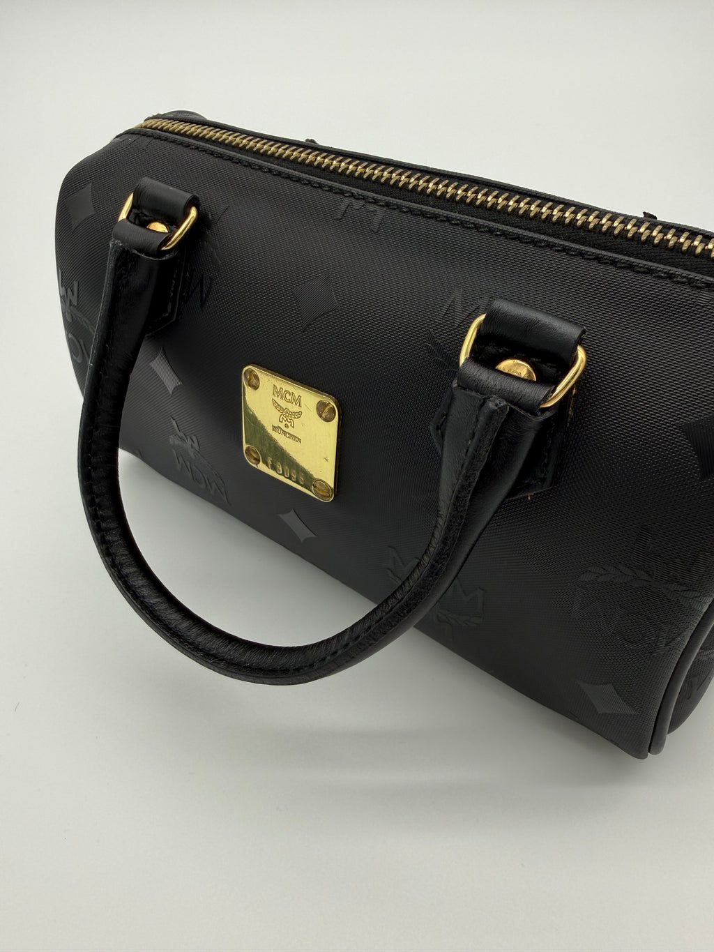 MCM Visetos Logogram 2-Way Hand Bag – Black PVC Leather with Gold Hardware (SKU: gh828)