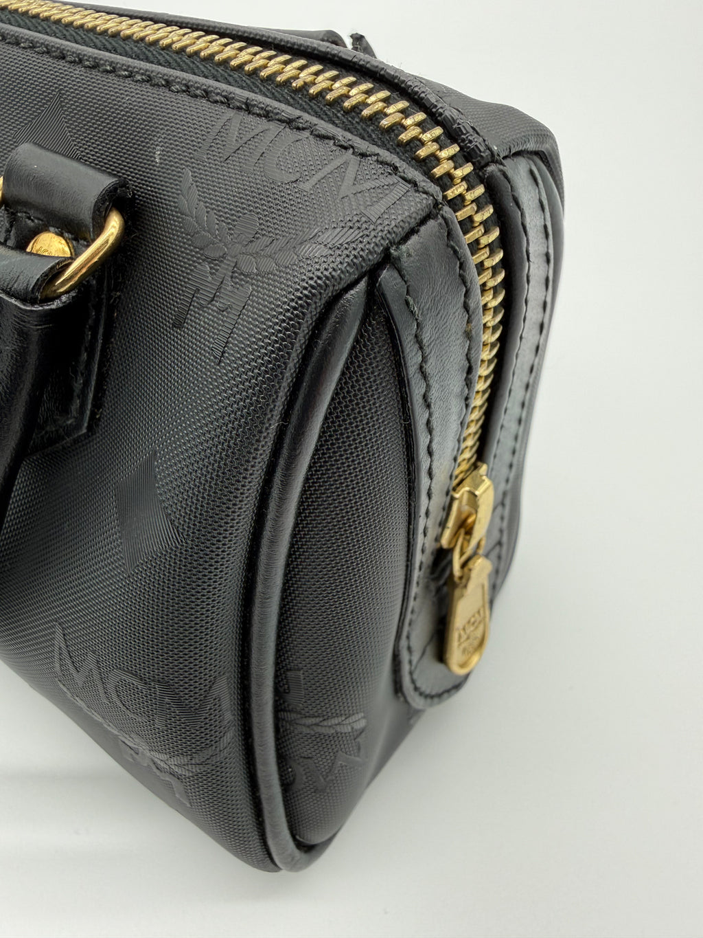 MCM Visetos Logogram 2-Way Hand Bag – Black PVC Leather with Gold Hardware (SKU: gh828)