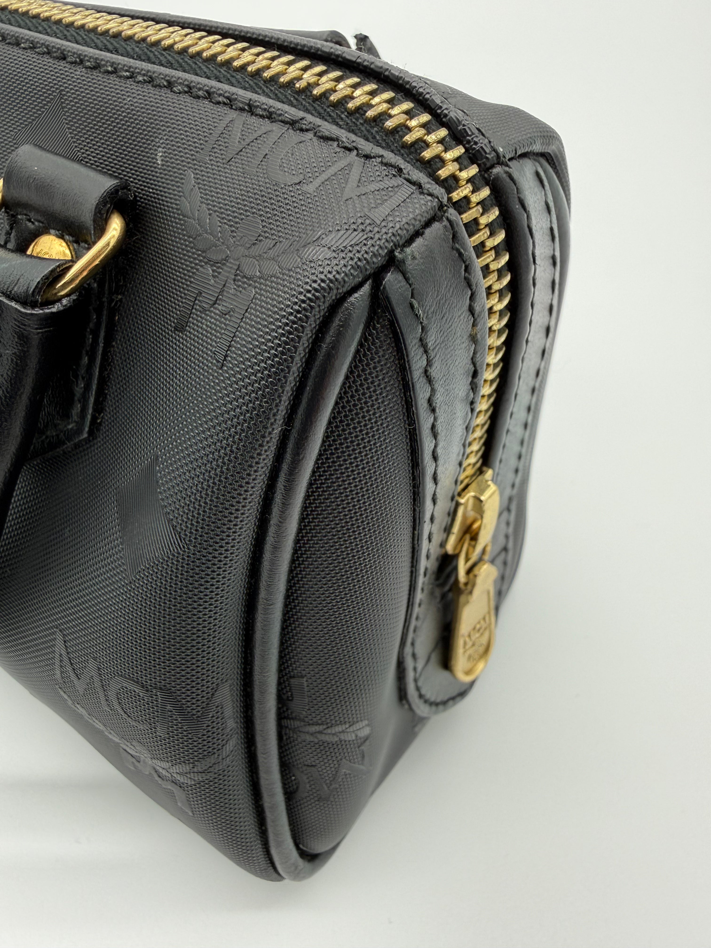 MCM Visetos Logogram 2-Way Hand Bag – Black PVC Leather with Gold Hardware (SKU: gh828)