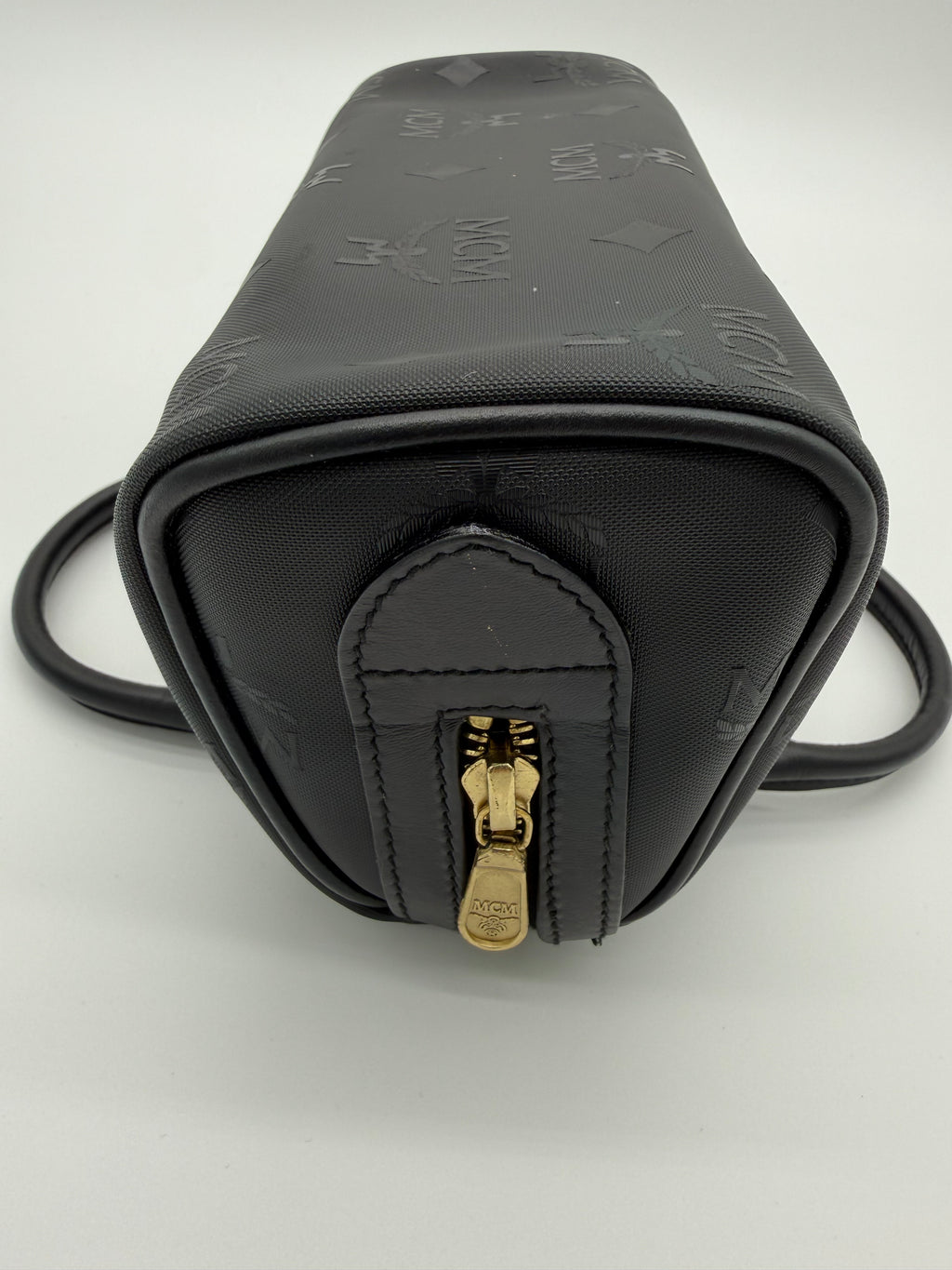 MCM Visetos Logogram 2-Way Hand Bag – Black PVC Leather with Gold Hardware (SKU: gh828)