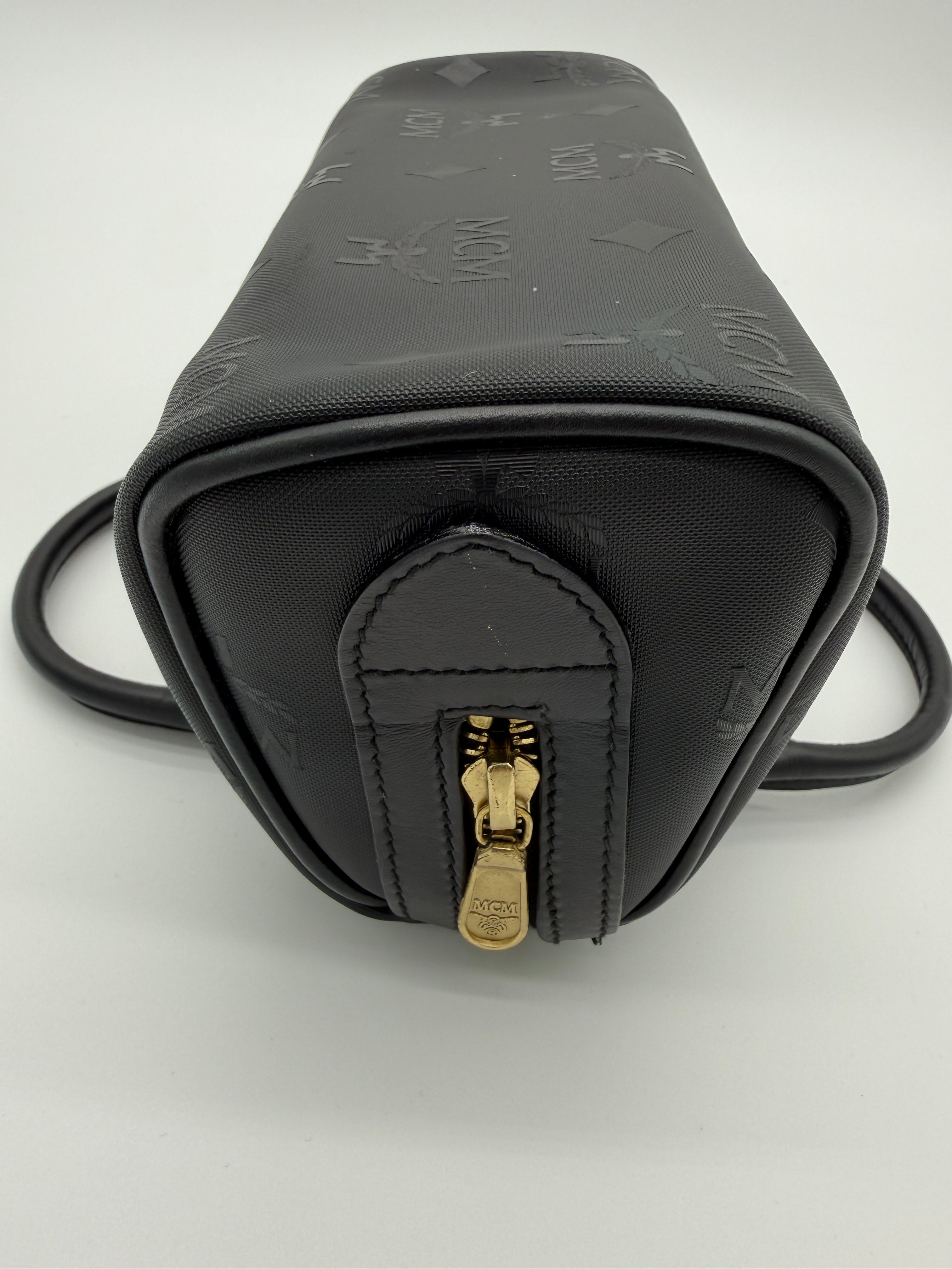 MCM Visetos Logogram 2-Way Hand Bag – Black PVC Leather with Gold Hardware (SKU: gh828)