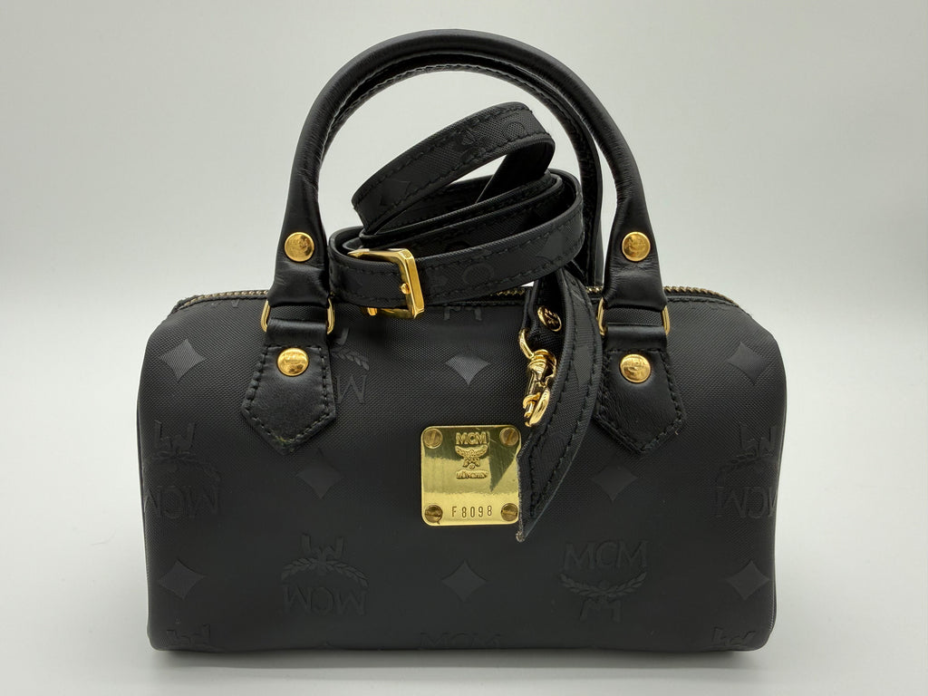MCM Visetos Logogram 2-Way Hand Bag – Black PVC Leather with Gold Hardware (SKU: gh828)