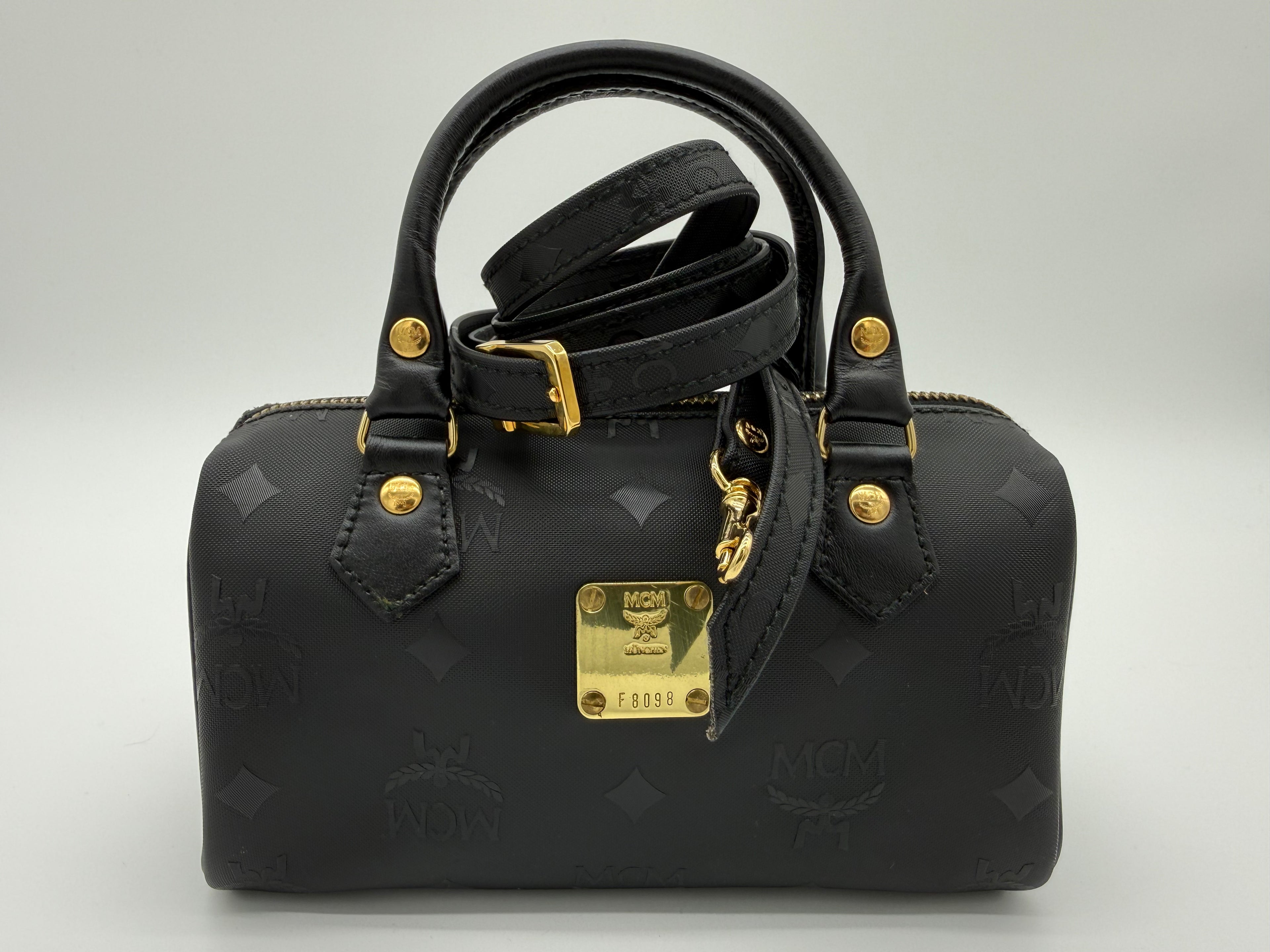 MCM Visetos Logogram 2-Way Hand Bag – Black PVC Leather with Gold Hardware (SKU: gh828)
