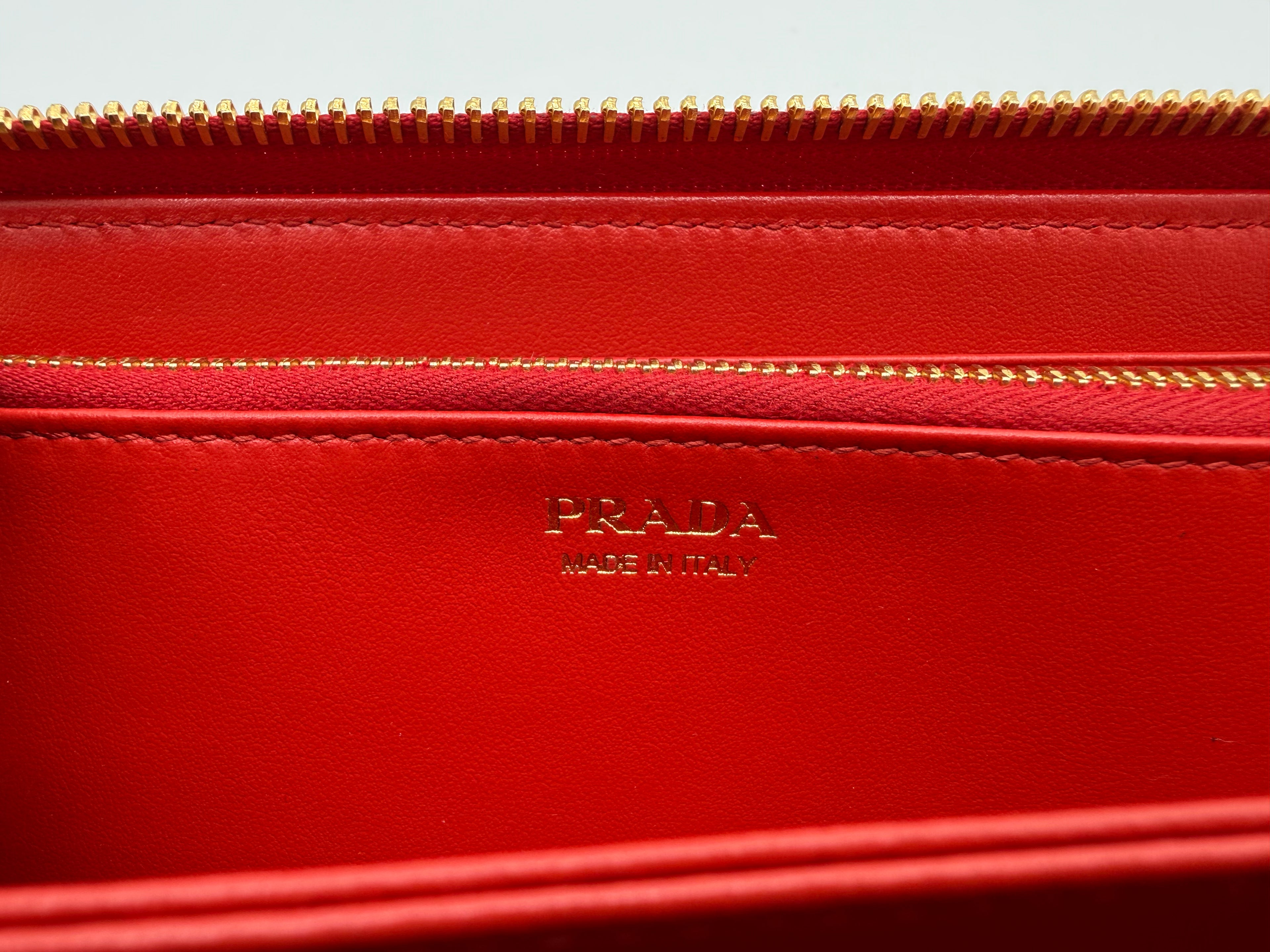Prada Long Wallet – Red Leather with Gold Hardware (SKU: am9179V)