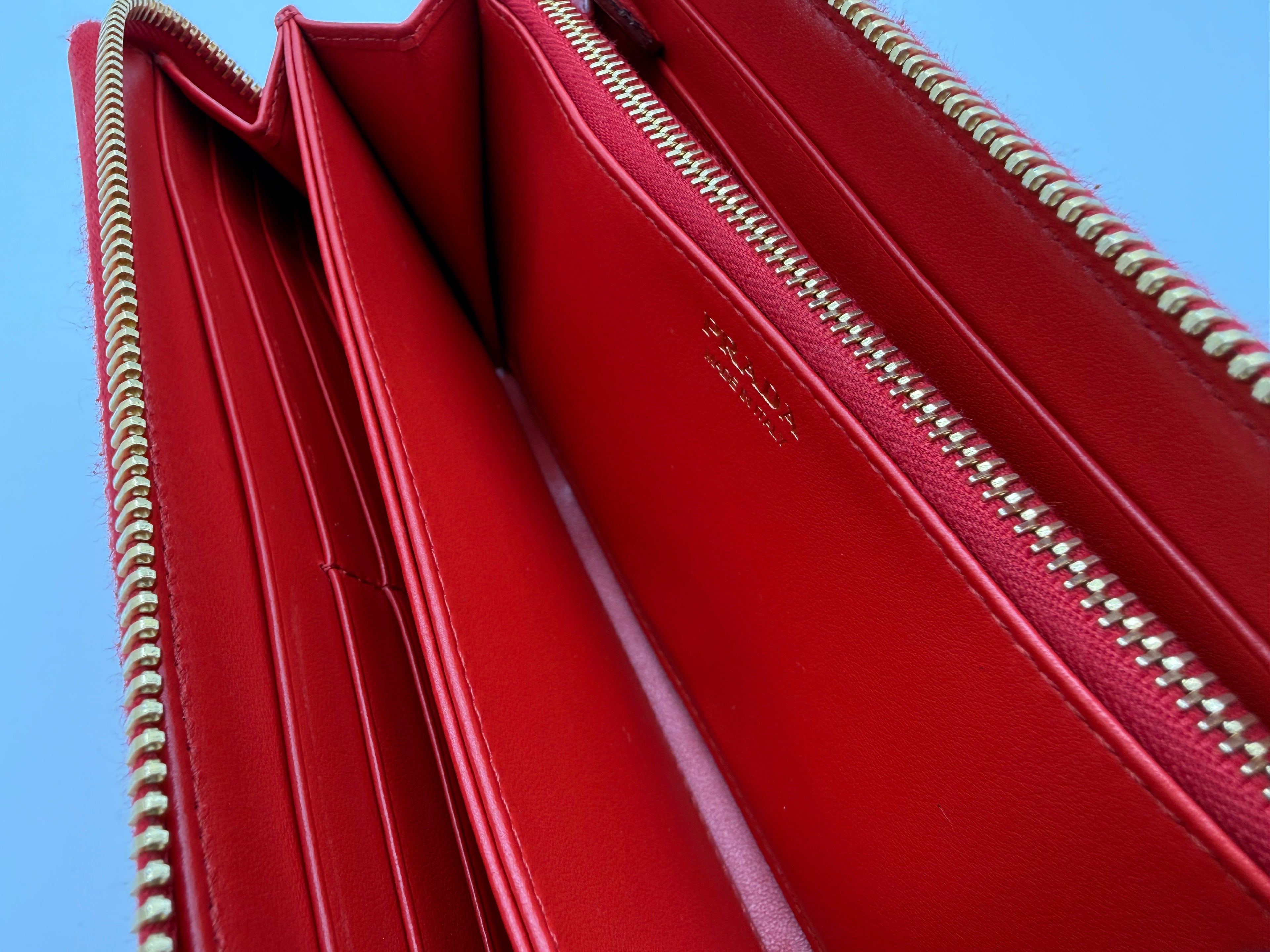 Prada Long Wallet – Red Leather with Gold Hardware (SKU: am9179V)