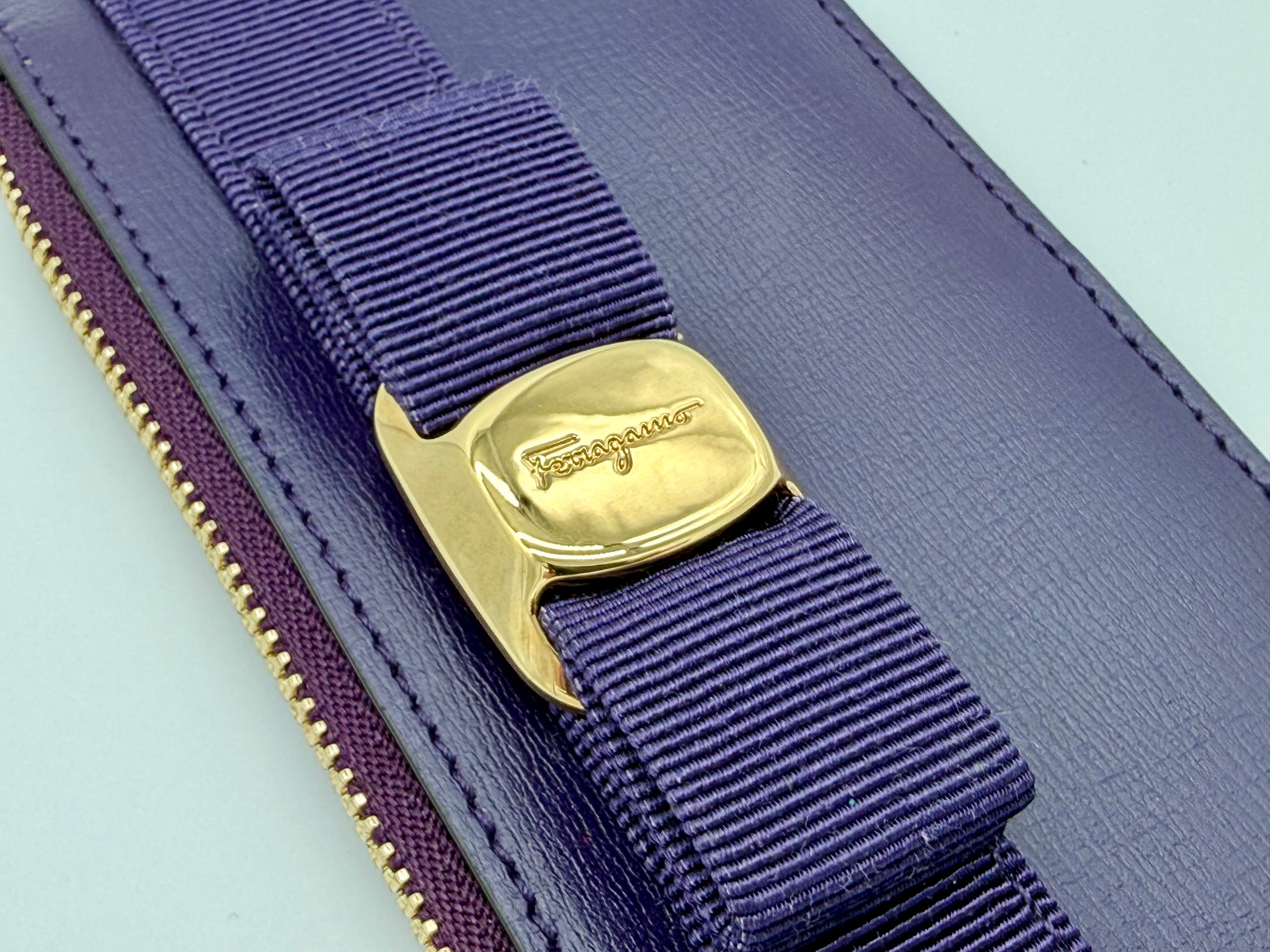 Salvatore Ferragamo Vara Card Case – Purple Leather with Gold Hardware (SKU: am9178)