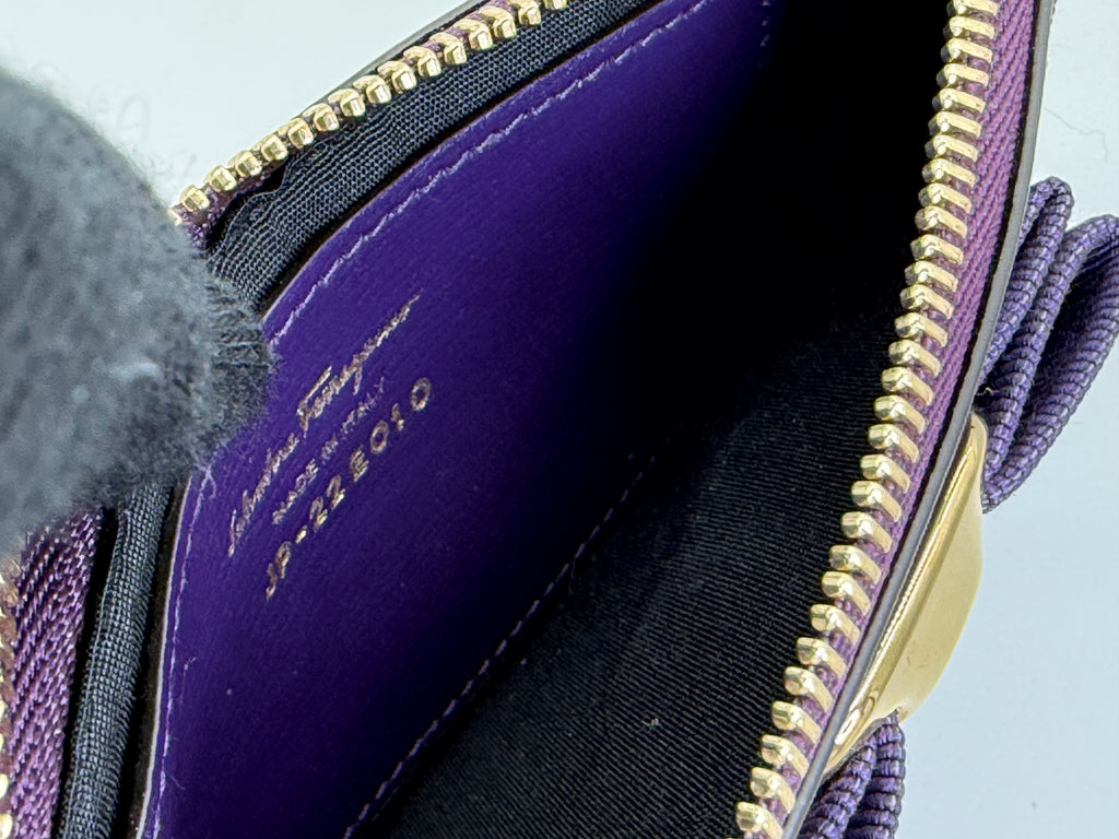 Salvatore Ferragamo Vara Card Case – Purple Leather with Gold Hardware (SKU: am9178)