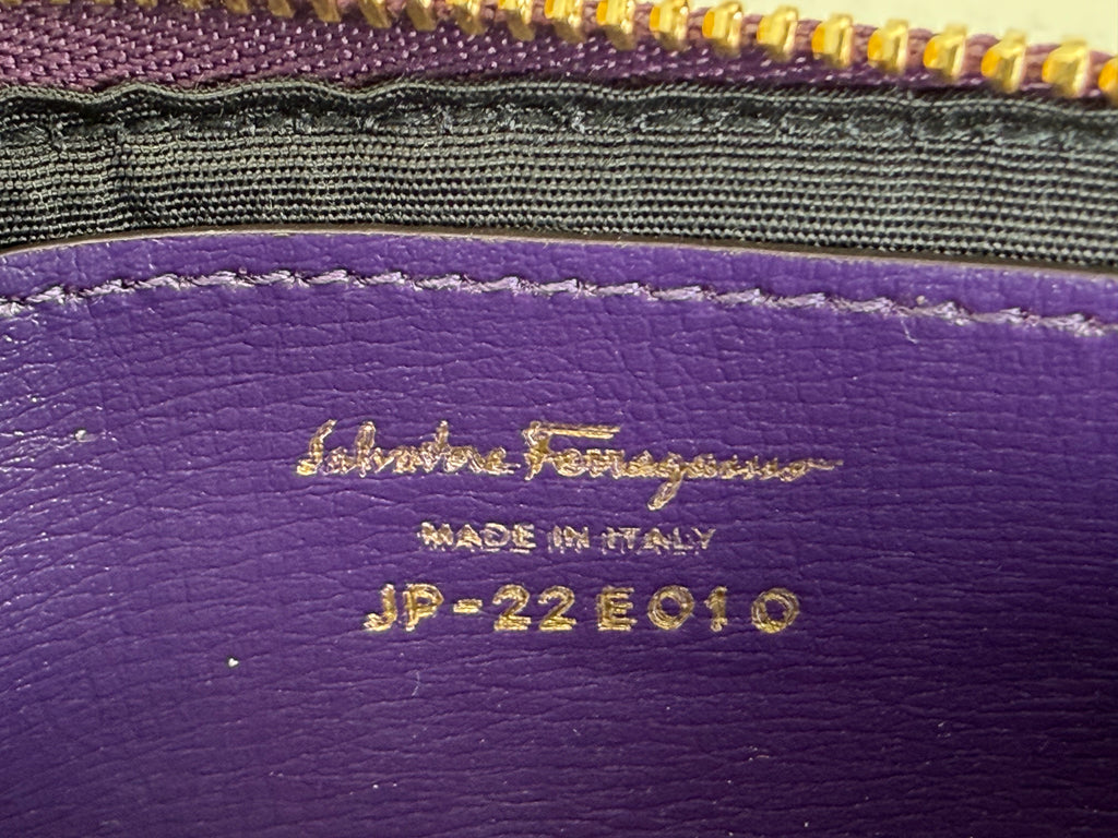Salvatore Ferragamo Vara Card Case – Purple Leather with Gold Hardware (SKU: am9178)