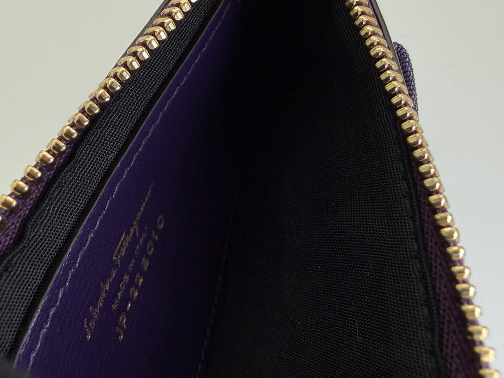 Salvatore Ferragamo Vara Card Case – Purple Leather with Gold Hardware (SKU: am9178)