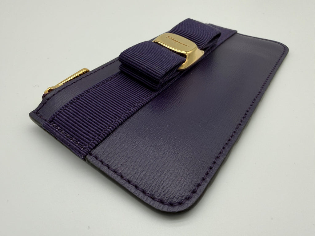 Salvatore Ferragamo Vara Card Case – Purple Leather with Gold Hardware (SKU: am9178)