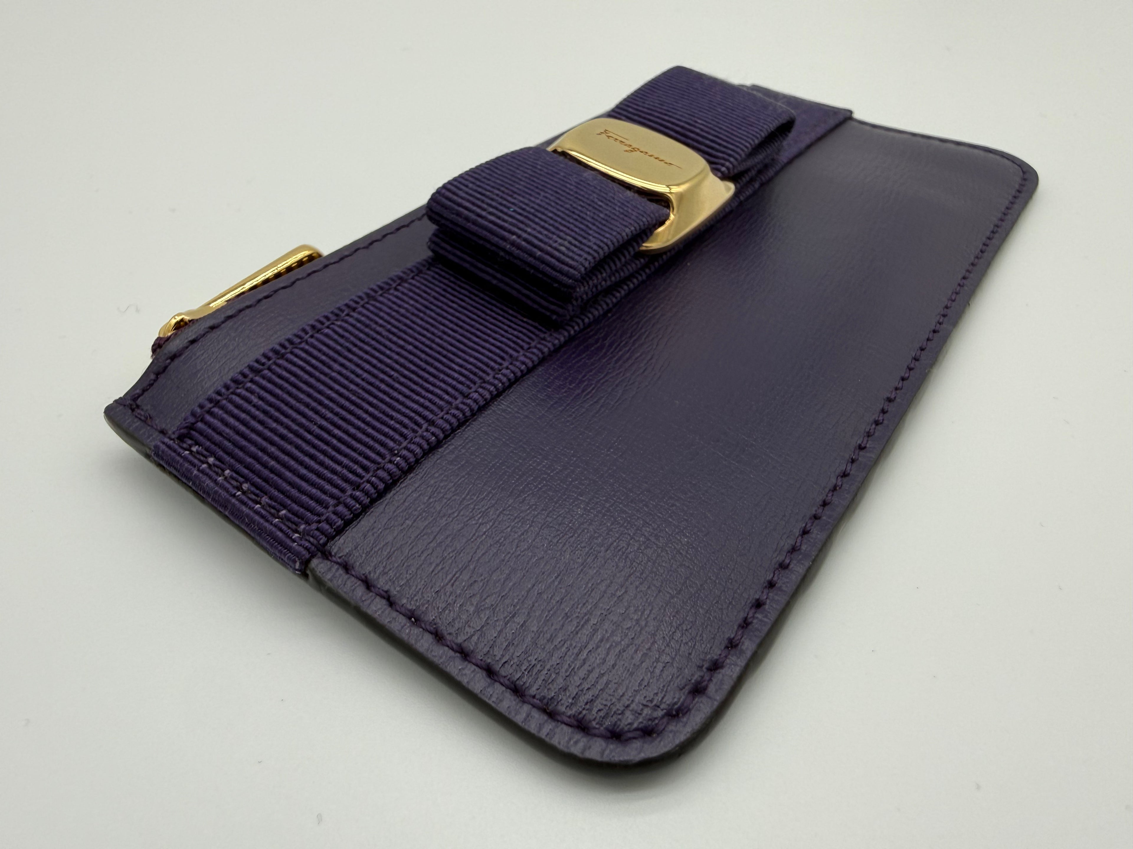 Salvatore Ferragamo Vara Card Case – Purple Leather with Gold Hardware (SKU: am9178)
