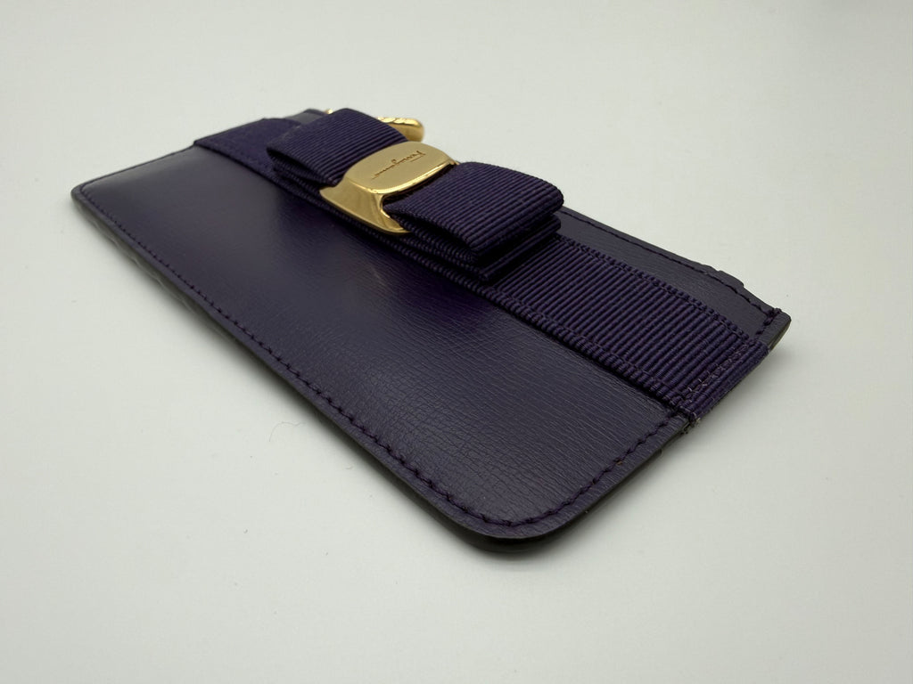 Salvatore Ferragamo Vara Card Case – Purple Leather with Gold Hardware (SKU: am9178)
