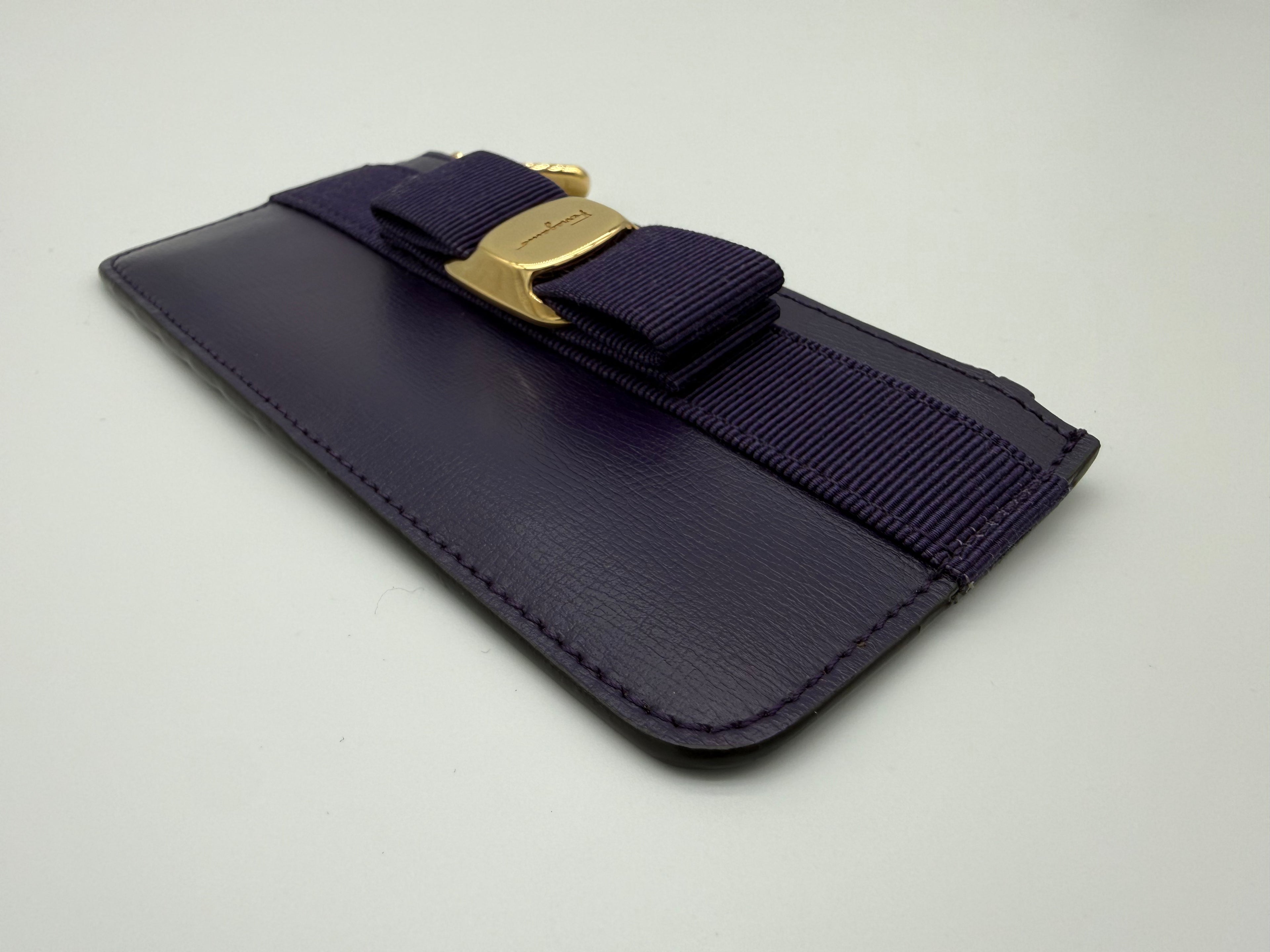 Salvatore Ferragamo Vara Card Case – Purple Leather with Gold Hardware (SKU: am9178)