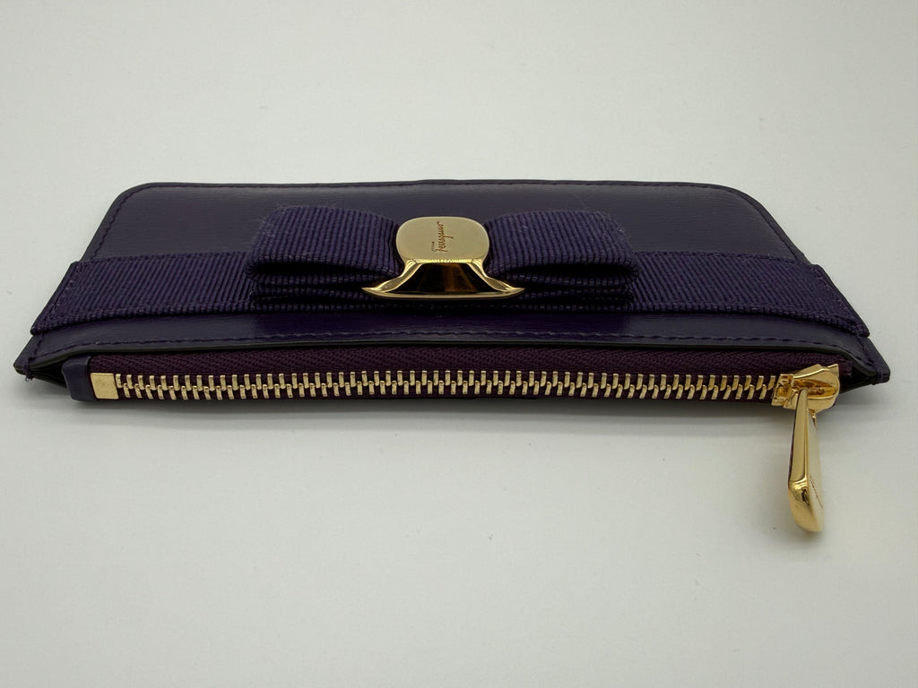 Salvatore Ferragamo Vara Card Case – Purple Leather with Gold Hardware (SKU: am9178)