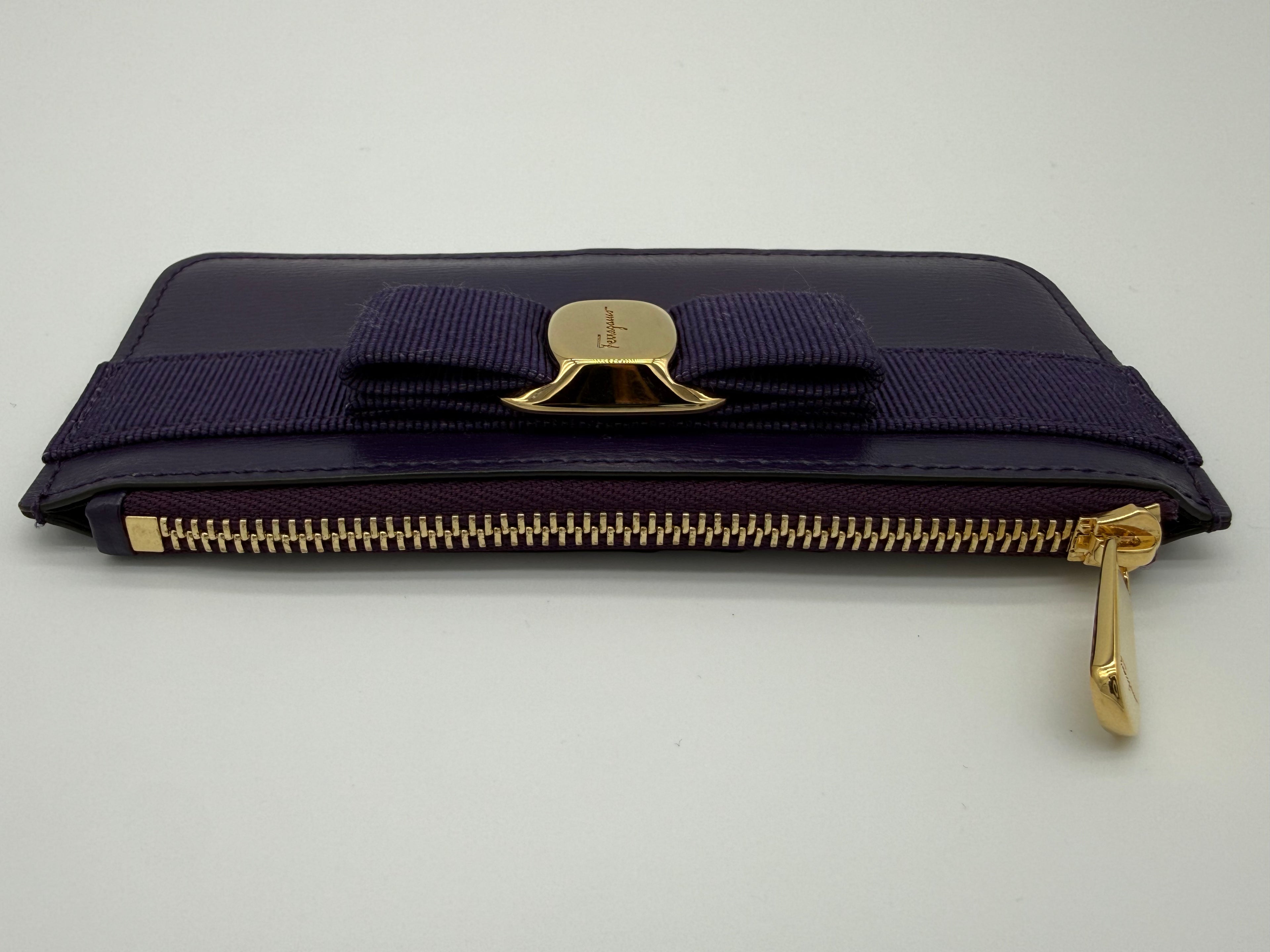 Salvatore Ferragamo Vara Card Case – Purple Leather with Gold Hardware (SKU: am9178)