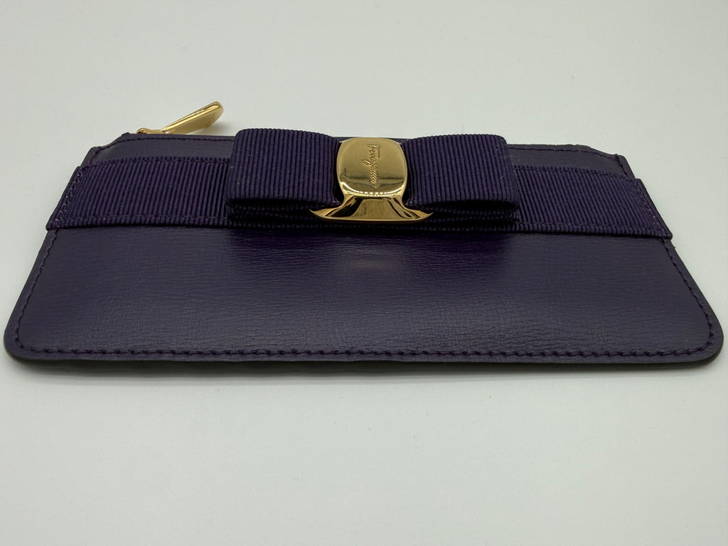 Salvatore Ferragamo Vara Card Case – Purple Leather with Gold Hardware (SKU: am9178)