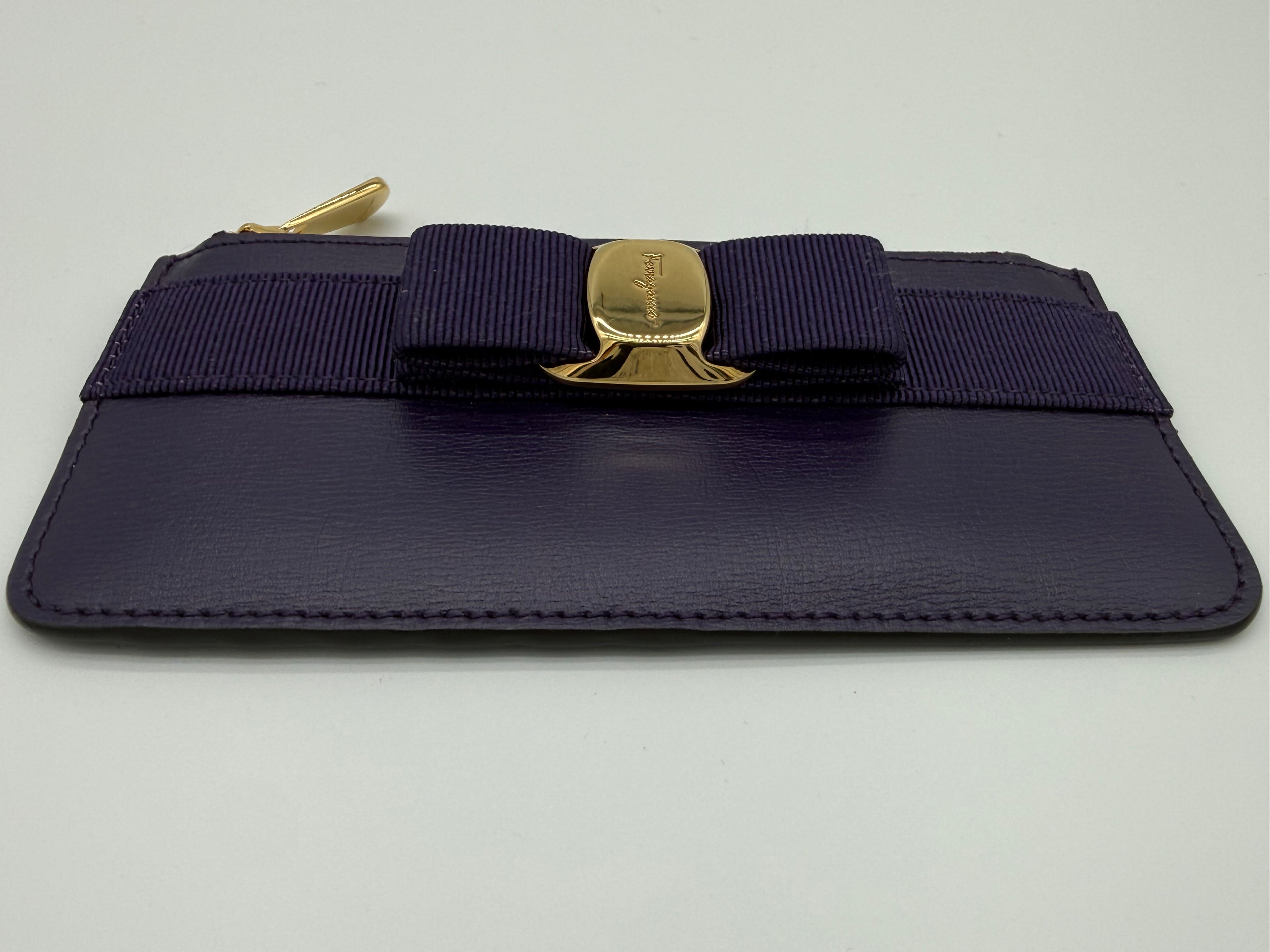 Salvatore Ferragamo Vara Card Case – Purple Leather with Gold Hardware (SKU: am9178)